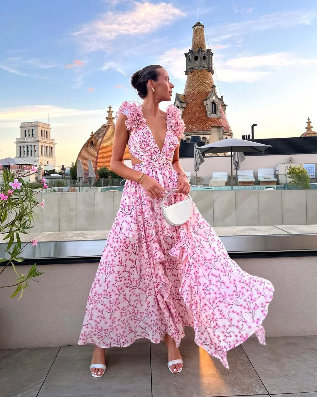 Blommig maxiklänning utan ärm för dam-Maxi Dress-Fjallbarn