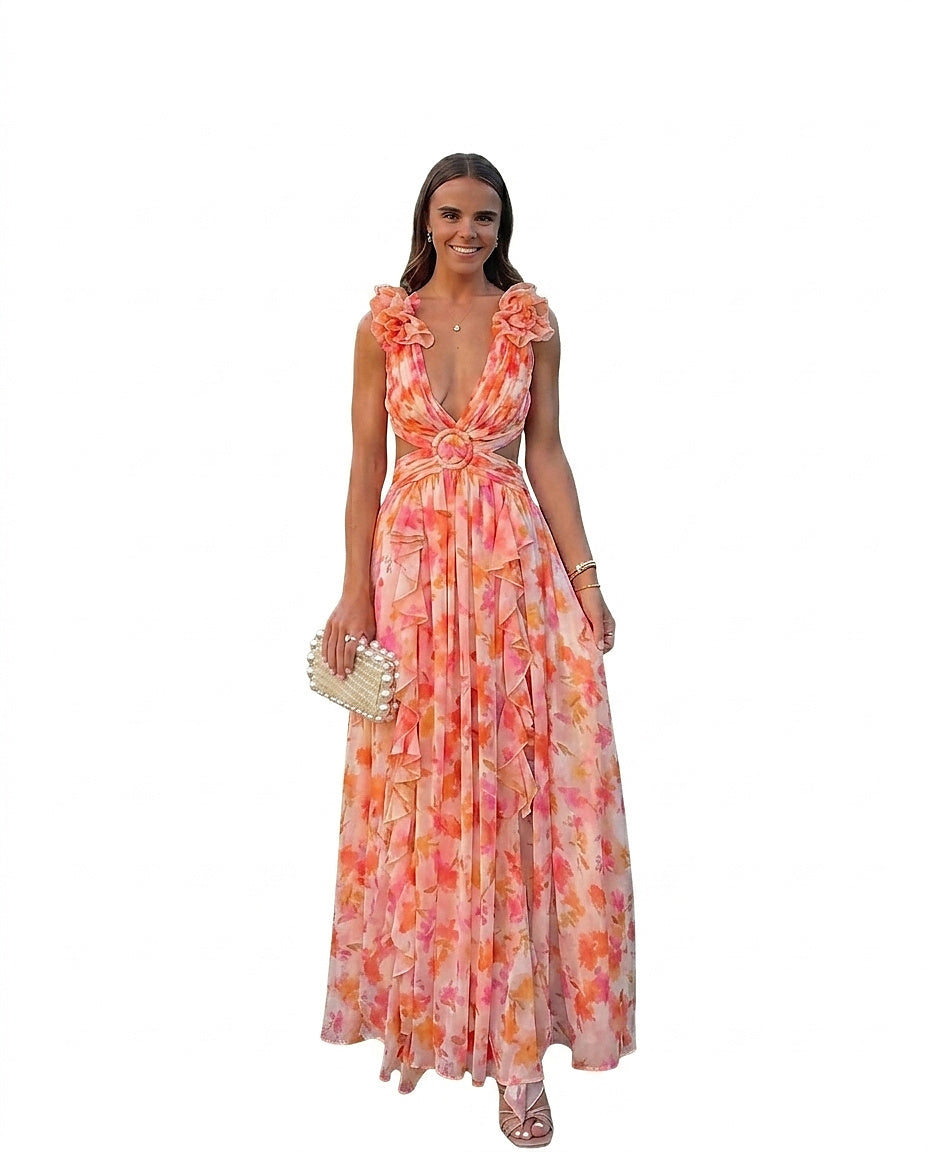 Blommig maxiklänning utan ärm för dam-Maxi Dress-Fjallbarn