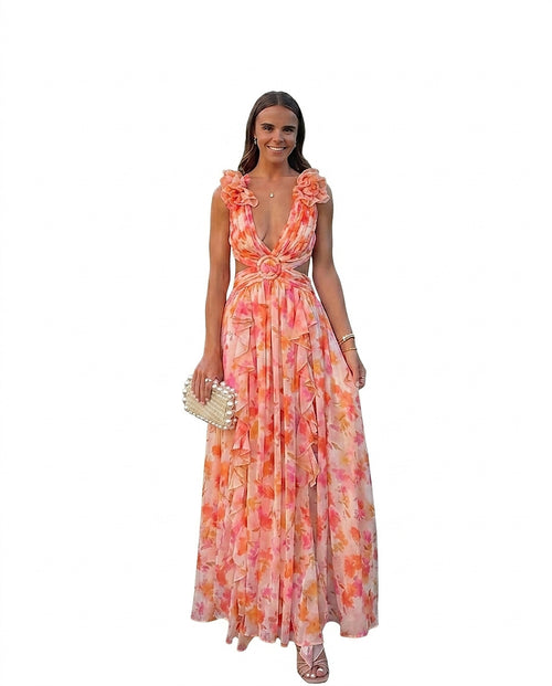 Blommig maxiklänning utan ärm för dam-Maxi Dress-Fjallbarn