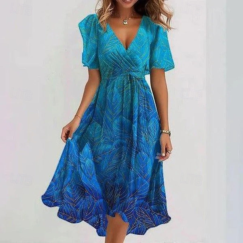 Blommig midiklänning med V-ringning för dam-Midi Dress-Fjallbarn