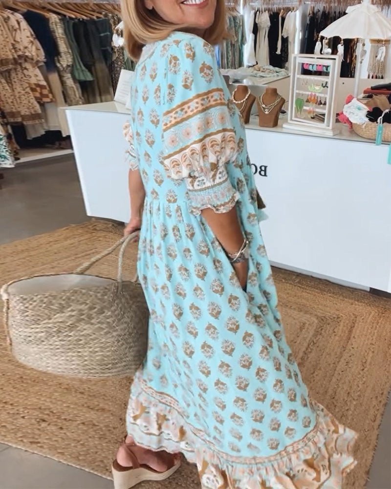 Blommig midiklänning med V-ringning för dam-Midi Dress-Fjallbarn