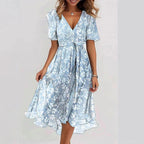 Blommig midiklänning med V-ringning för dam-Midi Dress-Fjallbarn