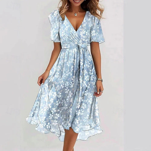 Blommig midiklänning med V-ringning för dam-Midi Dress-Fjallbarn