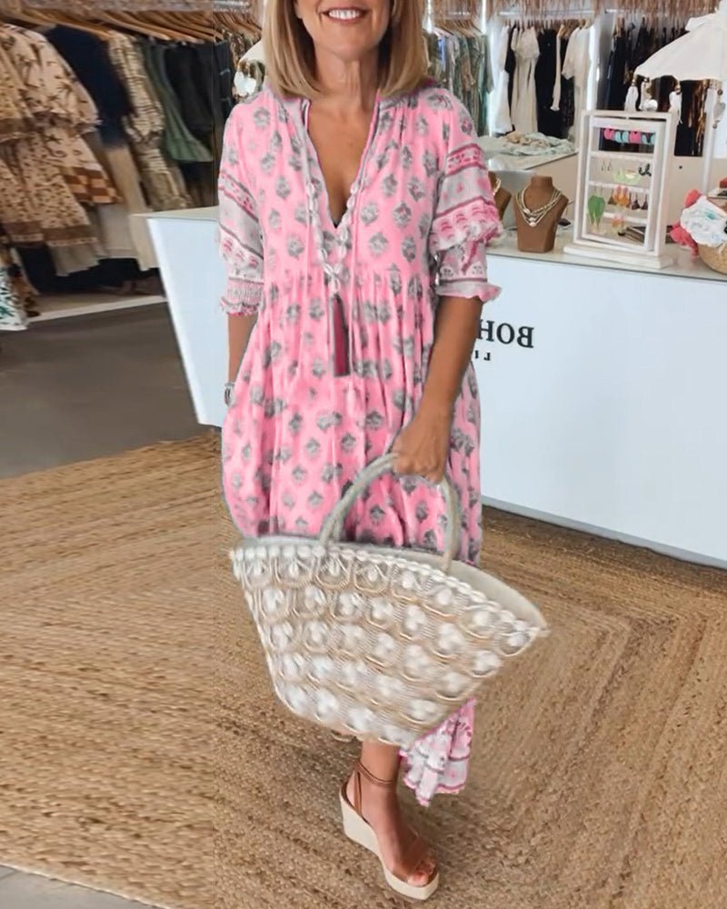Blommig midiklänning med V-ringning för dam-Midi Dress-Fjallbarn