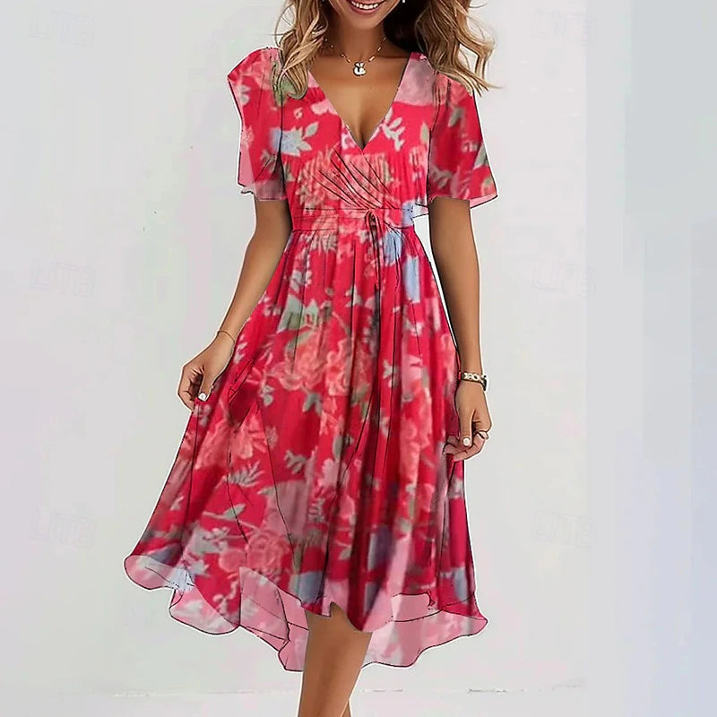 Blommig midiklänning med V-ringning för dam-Midi Dress-Fjallbarn
