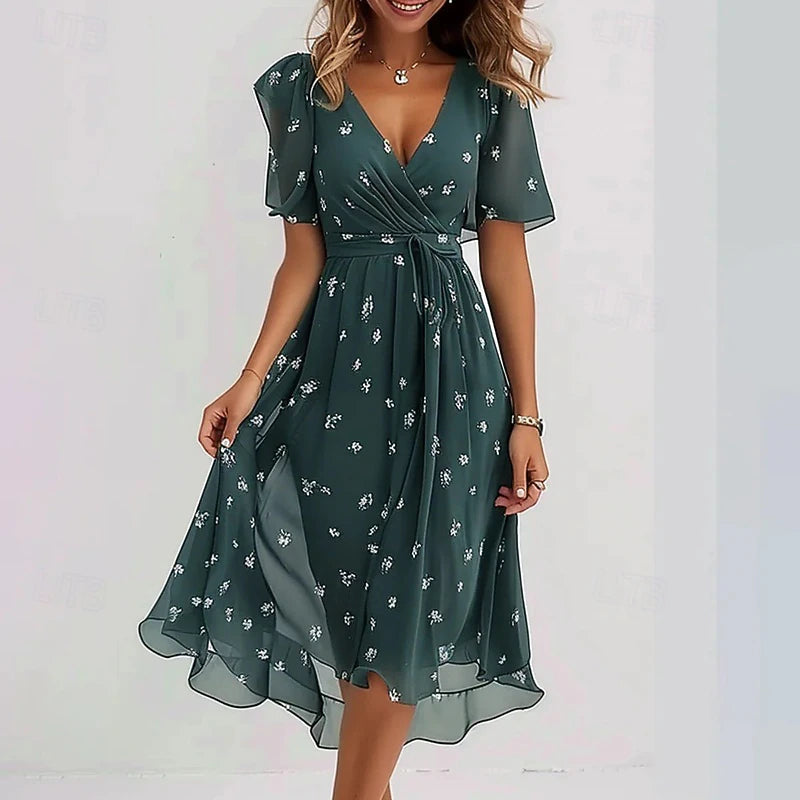 Blommig midiklänning med V-ringning för dam-Midi Dress-Fjallbarn