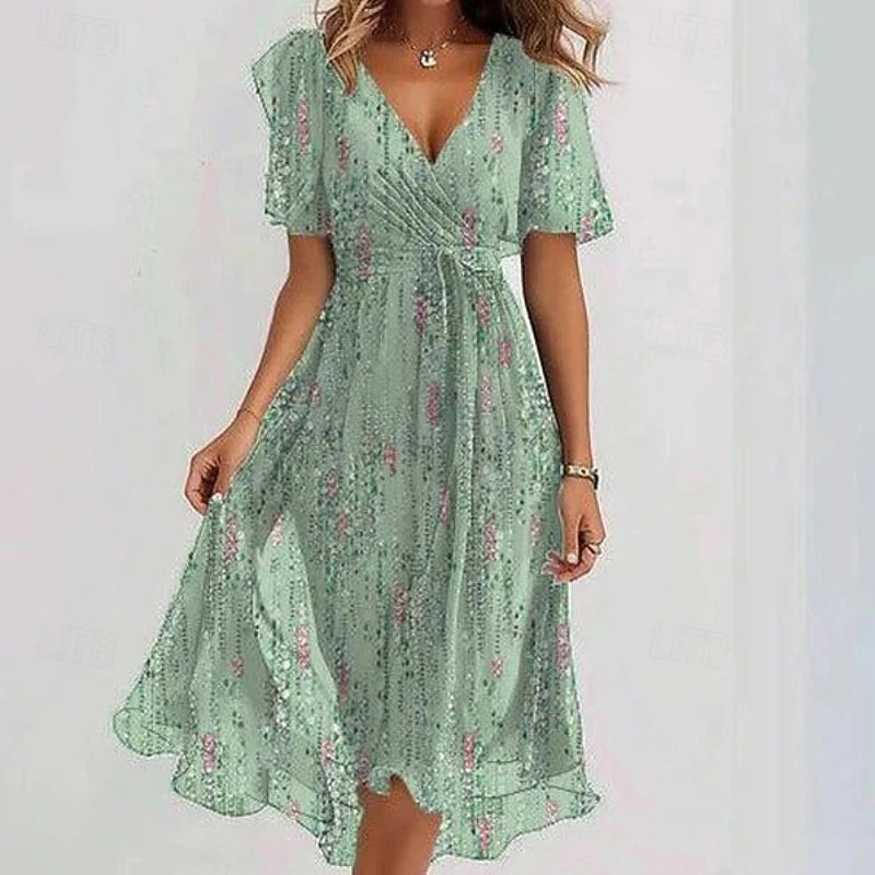 Blommig midiklänning med V-ringning för dam-Midi Dress-Fjallbarn
