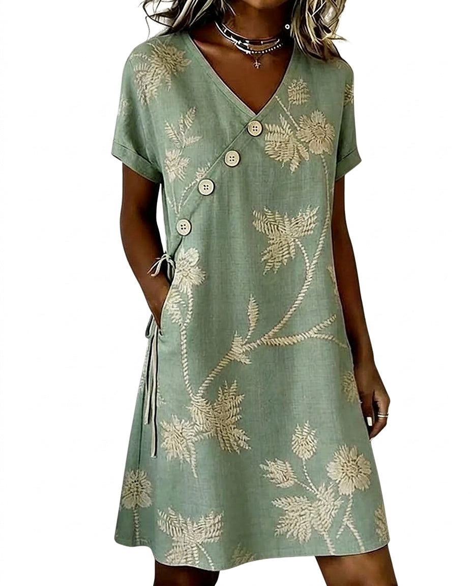 Blommig miniklänning med diagonal knappdetalj för dam-Mini Dress-Fjallbarn