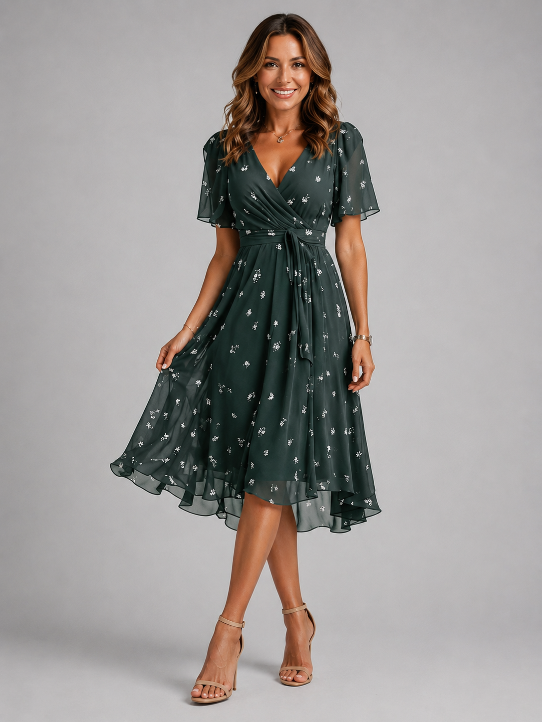 Blommig omlottklänning i midilängd för dam-Midi Dress-Fjallbarn