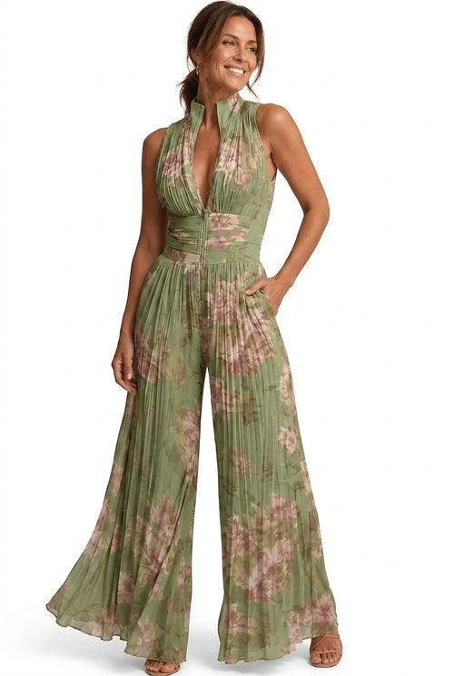 Blommig plisserad jumpsuit med vida ben för dam-Jumpsuits for women-Fjallbarn