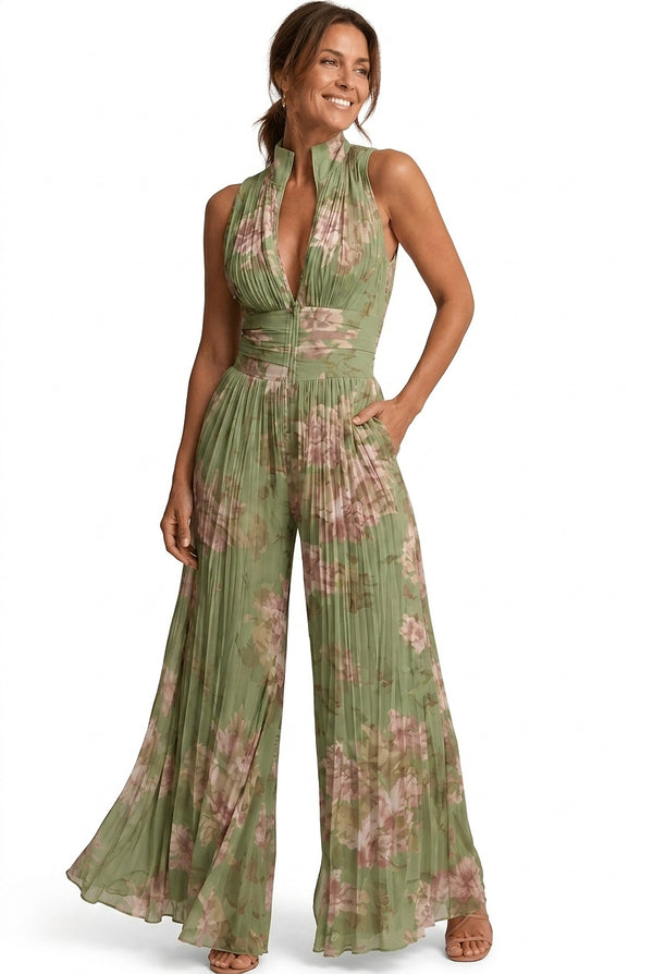 Blommig plisserad jumpsuit med vida ben för dam-Jumpsuits for women-Fjallbarn