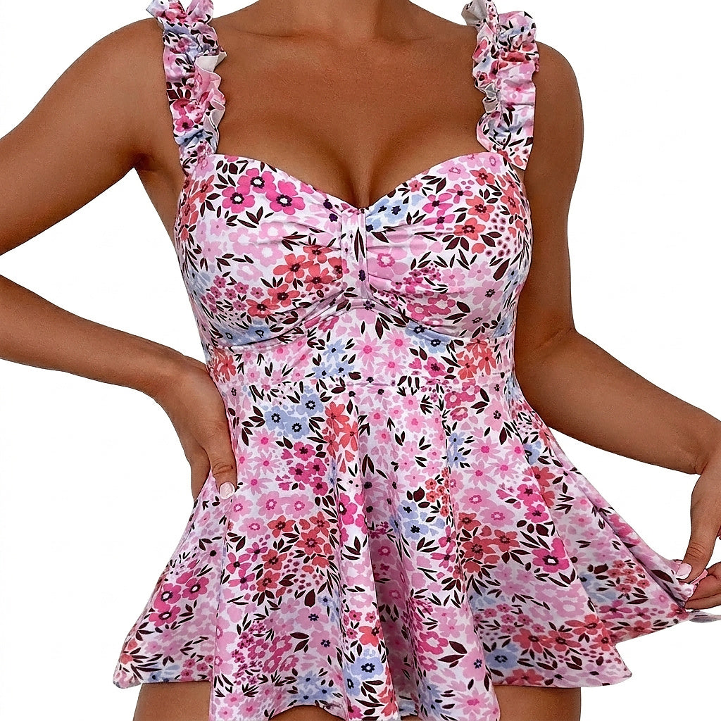 Blommig tankini-överdel med volanger för dam-Swimwear for Women-Fjallbarn