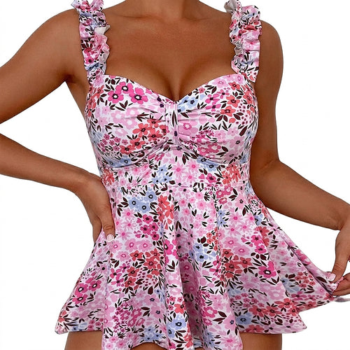 Blommig tankini-överdel med volanger för dam-Swimwear for Women-Fjallbarn