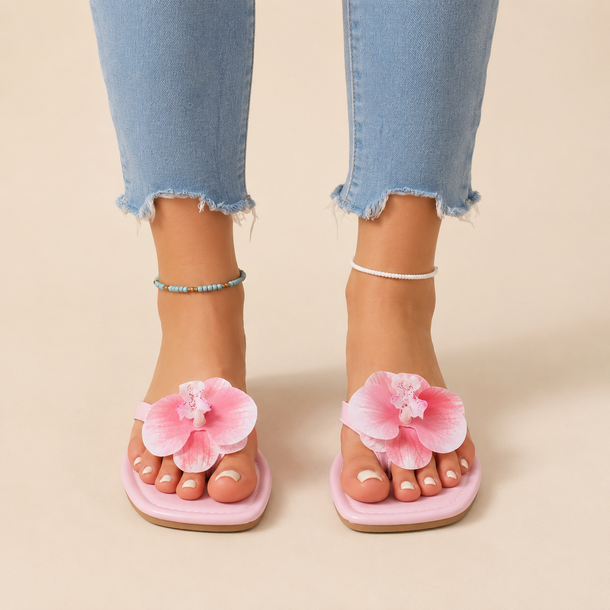 Blommiga tåsandaler med fyrkantig tå för dam-Footwear for women-Fjallbarn