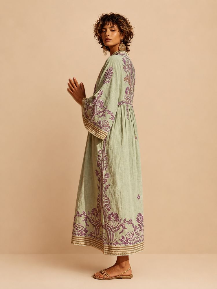 Broderad maxiklänning för dam med vida ärmar-Maxi Dress-Fjallbarn