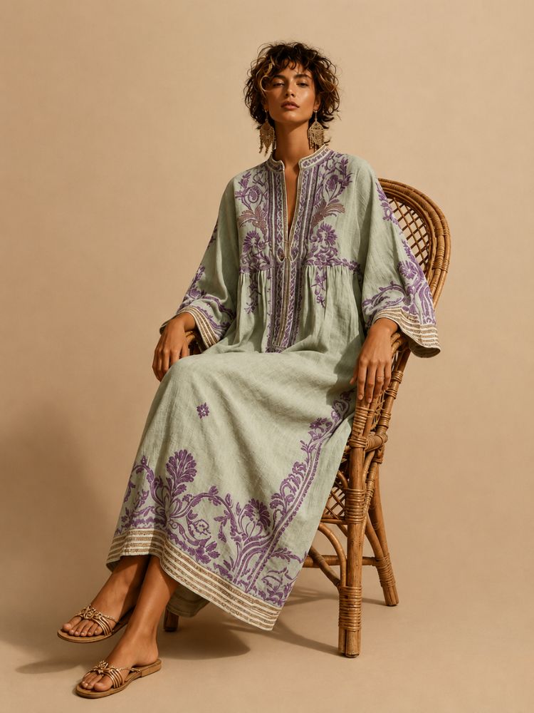 Broderad maxiklänning för dam med vida ärmar-Maxi Dress-Fjallbarn