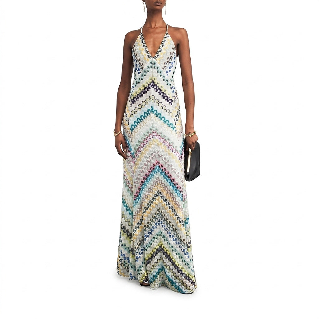 Chevronstickad maxiklänning för dam-Maxi Dress-Fjallbarn
