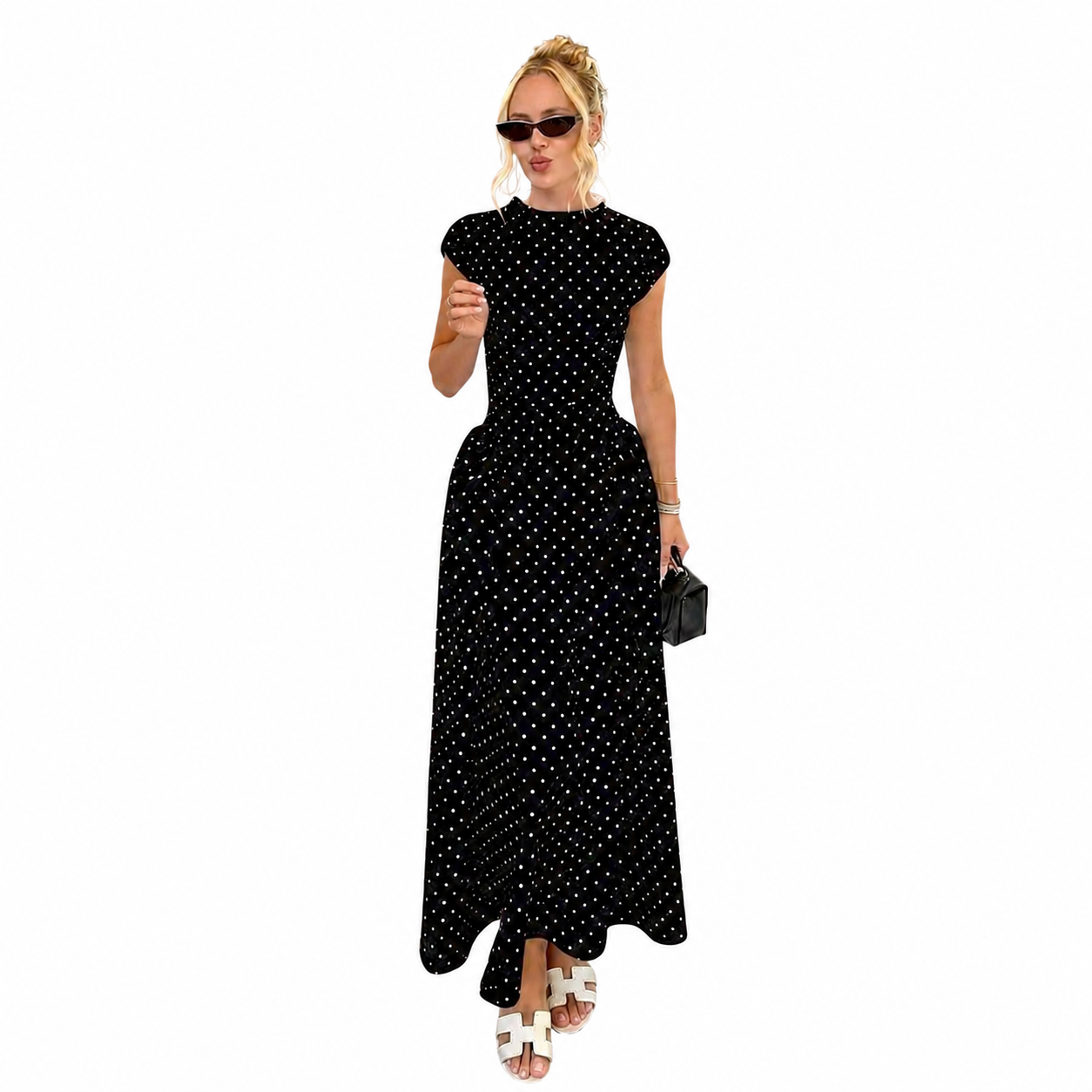 Dam ärmlös prickig maxiklänning med veckad kjol-Maxi Dress-Fjallbarn