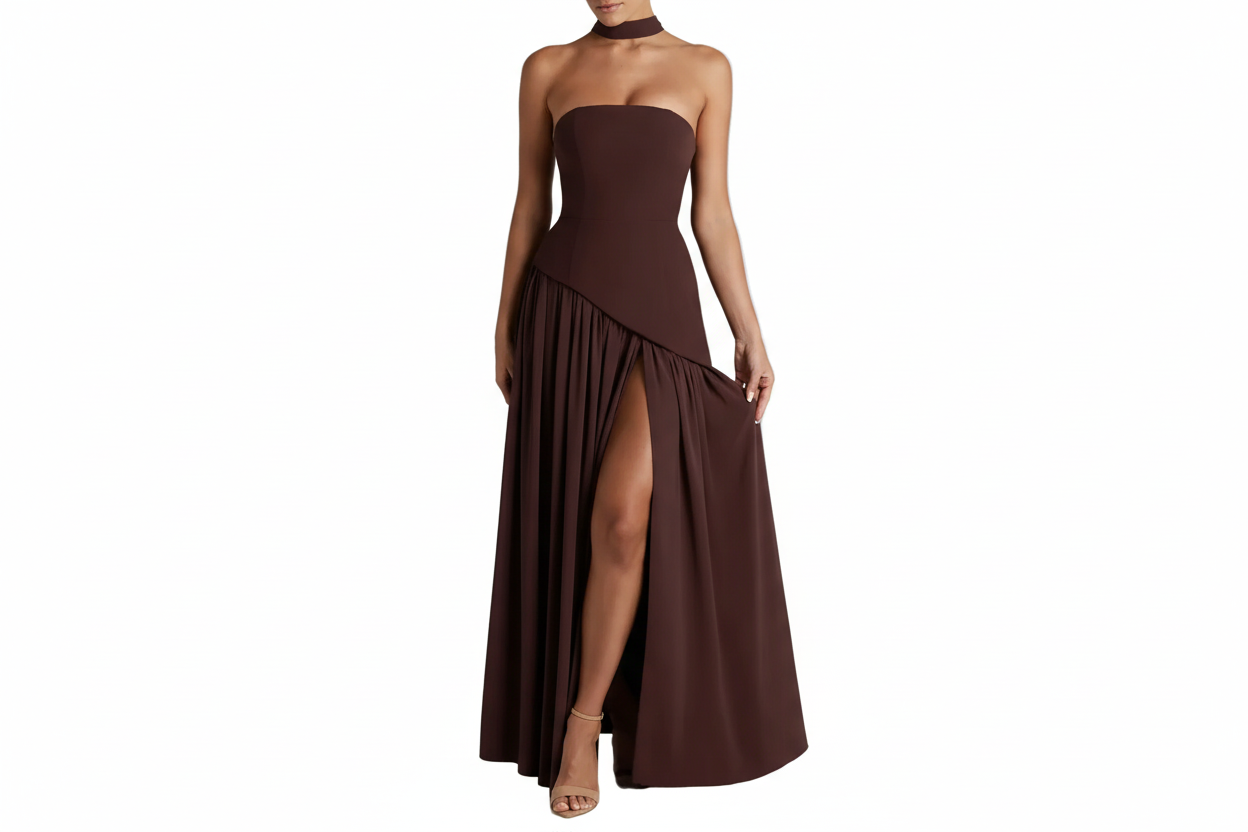 Dam Axelbandslös Maxiklänning med Asymmetrisk Design-Maxi Dress-Fjallbarn