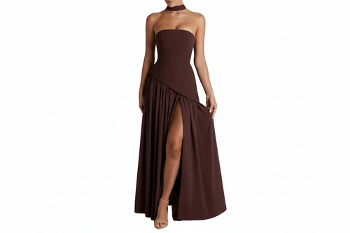 Dam Axelbandslös Maxiklänning med Asymmetrisk Design-Maxi Dress-Fjallbarn