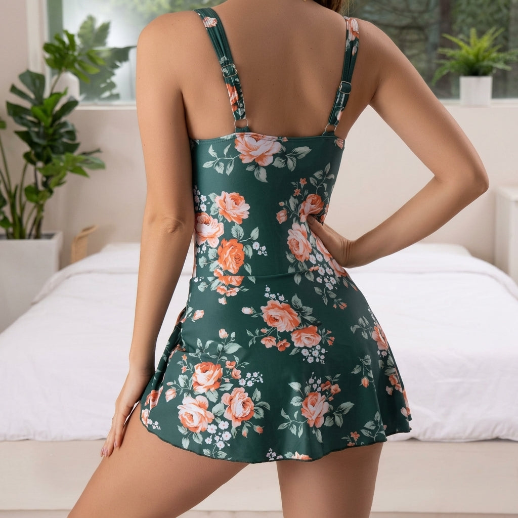 Dam baddräkt med blommönster och omlottkjolspanel-Swimwear for women-Fjallbarn