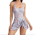 Dam baddräkt med blommönster och omlottkjolspanel-Swimwear for women-Fjallbarn