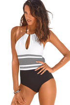 Dam baddräkt med halterneck, nyckelhålsöppning och randigt mittparti-Swimwear for women-Fjallbarn