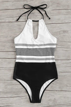 Dam baddräkt med halterneck, nyckelhålsöppning och randigt mittparti-Swimwear for women-Fjallbarn
