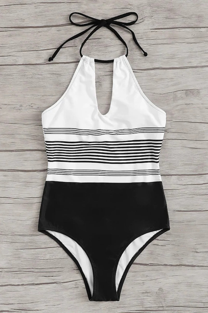 Dam baddräkt med halterneck, nyckelhålsöppning och randigt mittparti-Swimwear for women-Fjallbarn