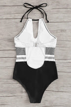 Dam baddräkt med halterneck, nyckelhålsöppning och randigt mittparti-Swimwear for women-Fjallbarn