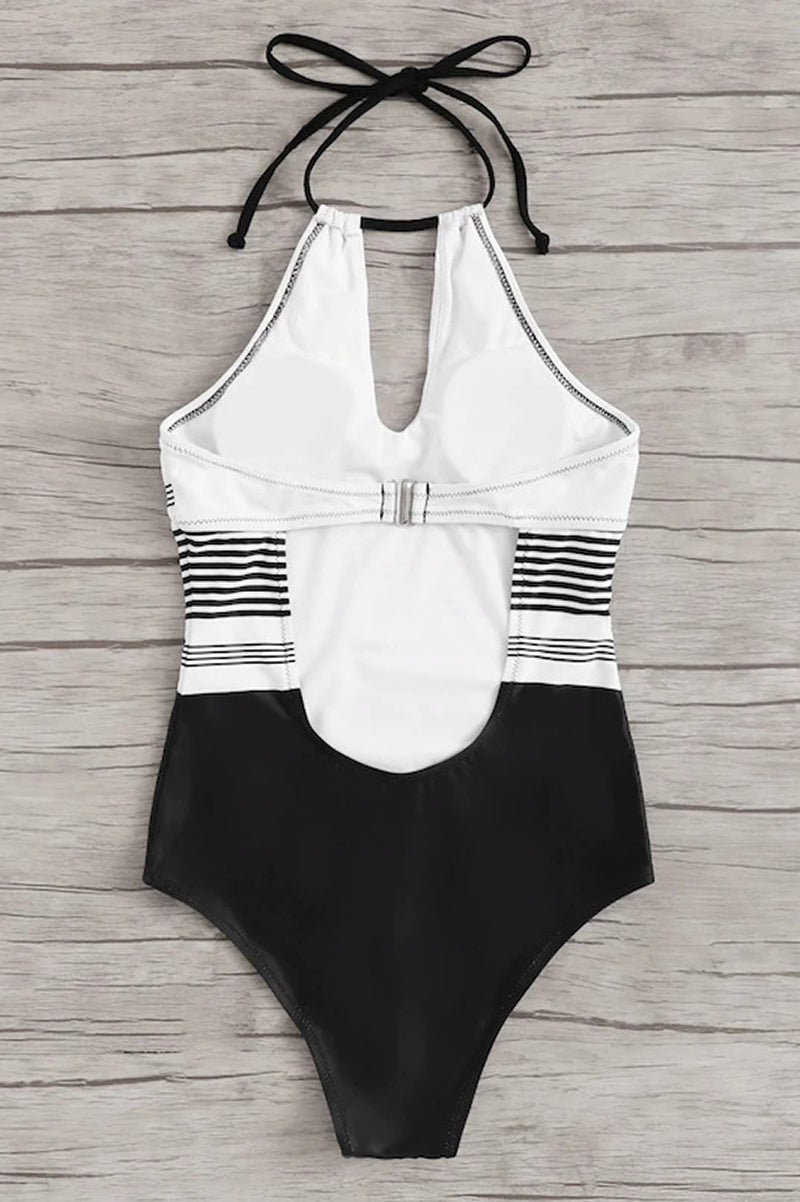 Dam baddräkt med halterneck, nyckelhålsöppning och randigt mittparti-Swimwear for women-Fjallbarn