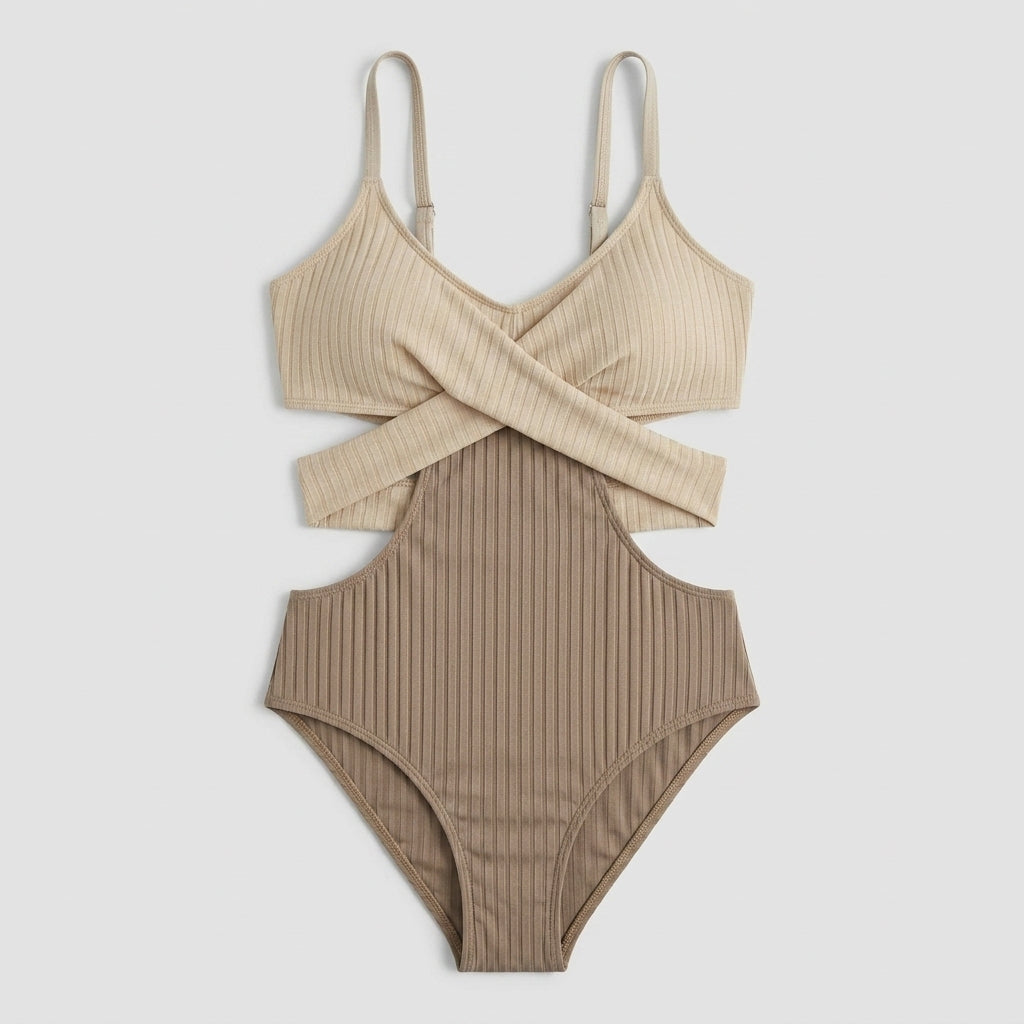 Dam baddräkt med ribbad textur och utskurna detaljer-Swimwear for women-Fjallbarn