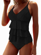Dam baddräkt med V-ringning och volanger i flera lager-Swimwear for women-Fjallbarn
