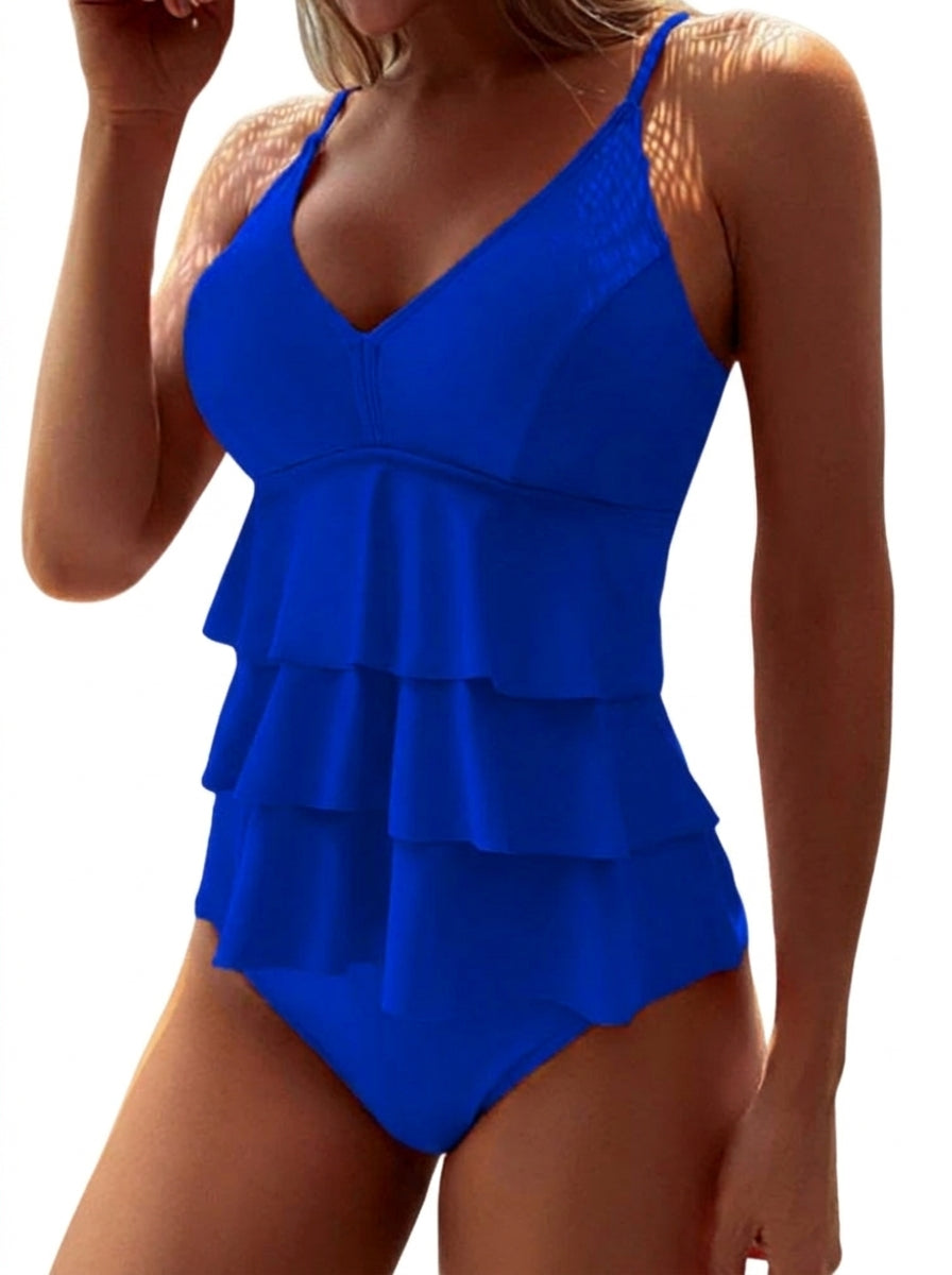 Dam baddräkt med V-ringning och volanger i flera lager-Swimwear for women-Fjallbarn
