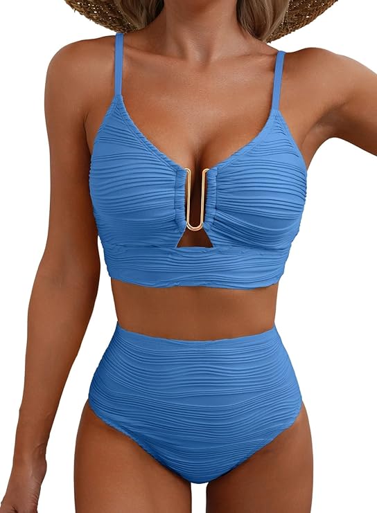 Dam bikini med hög midja, texturerat tyg och U-format metallspänne-Swimwear for women-Fjallbarn