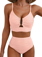 Dam bikini med hög midja, texturerat tyg och U-format metallspänne-Swimwear for women-Fjallbarn