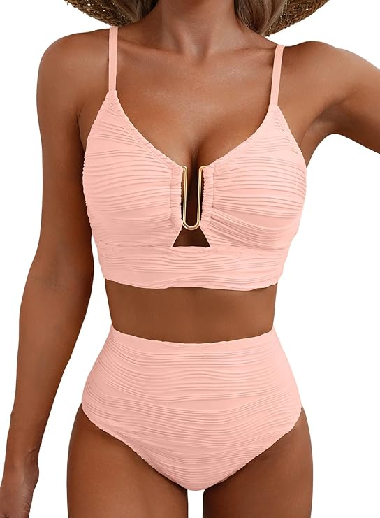 Dam bikini med hög midja, texturerat tyg och U-format metallspänne-Swimwear for women-Fjallbarn