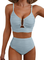 Dam bikini med hög midja, texturerat tyg och U-format metallspänne-Swimwear for women-Fjallbarn