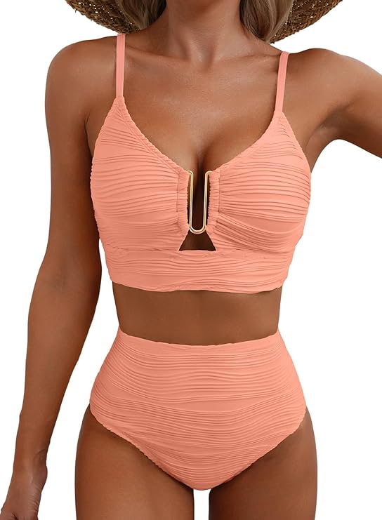 Dam bikini med hög midja, texturerat tyg och U-format metallspänne-Swimwear for women-Fjallbarn