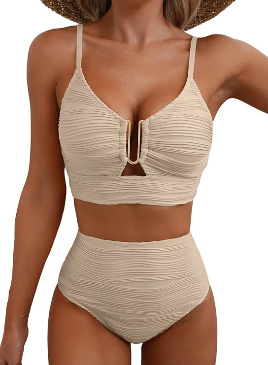 Dam bikini med hög midja, texturerat tyg och U-format metallspänne-Swimwear for women-Fjallbarn