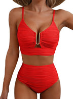 Dam bikini med hög midja, texturerat tyg och U-format metallspänne-Swimwear for women-Fjallbarn