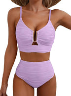 Dam bikini med hög midja, texturerat tyg och U-format metallspänne-Swimwear for women-Fjallbarn
