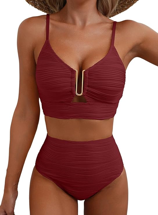 Dam bikini med hög midja, texturerat tyg och U-format metallspänne-Swimwear for women-Fjallbarn
