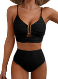 Dam bikini med hög midja, texturerat tyg och U-format metallspänne-Swimwear for women-Fjallbarn