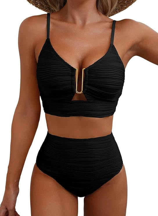 Dam bikini med hög midja, texturerat tyg och U-format metallspänne-Swimwear for women-Fjallbarn