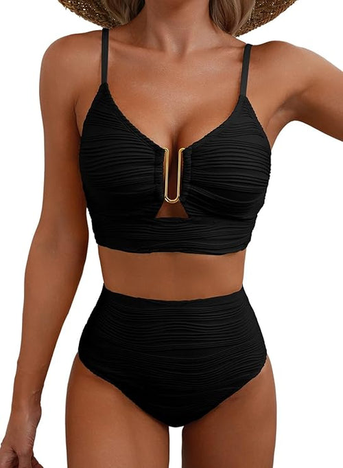 Dam bikini med hög midja, texturerat tyg och U-format metallspänne-Swimwear for women-Fjallbarn