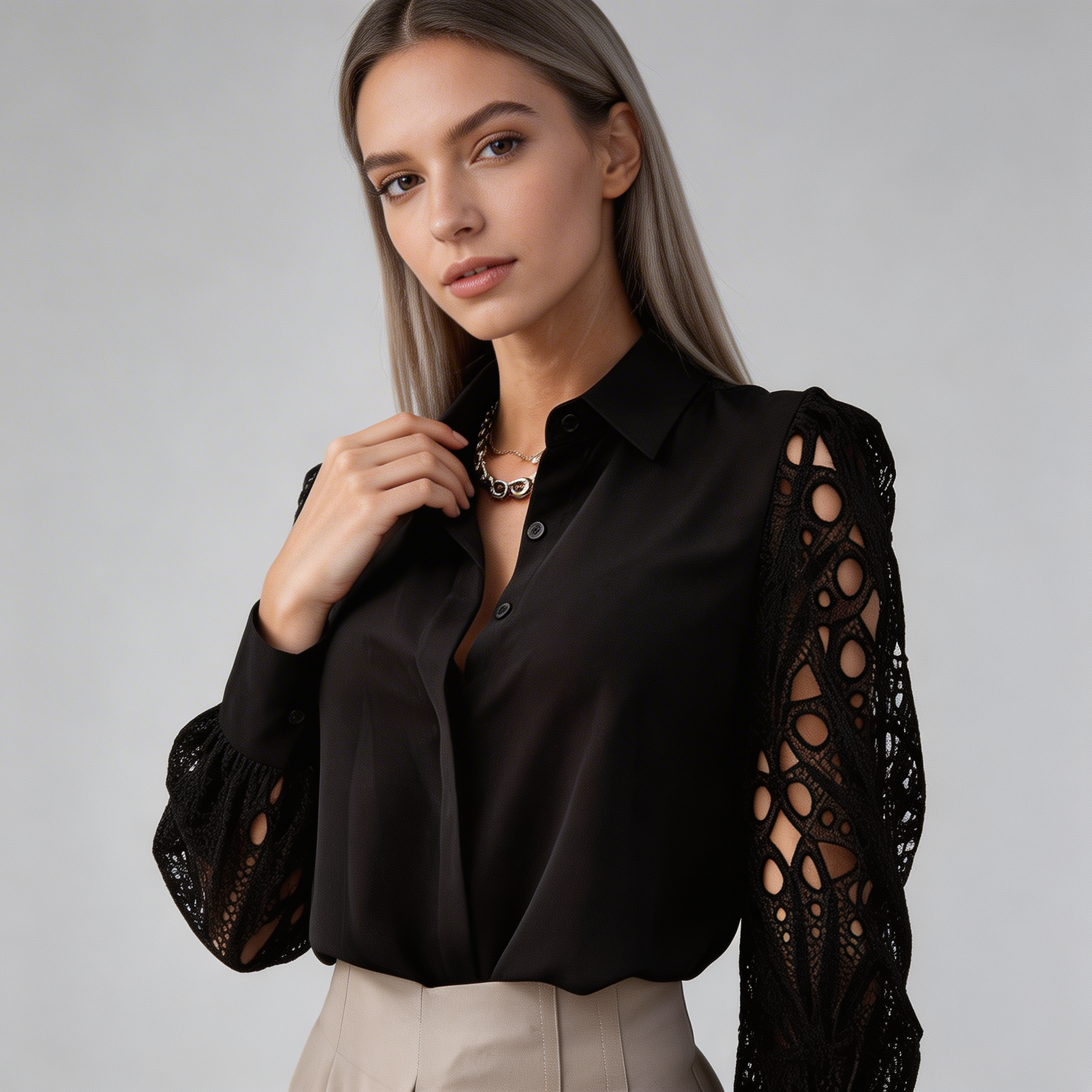 Dam blus med genombrutna ärmar och knäppning fram-Blouse for women-Fjallbarn