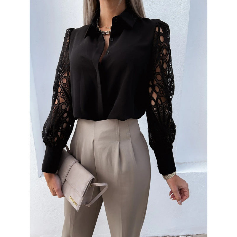 Dam blus med genombrutna ärmar och knäppning fram-Blouse for women-Fjallbarn