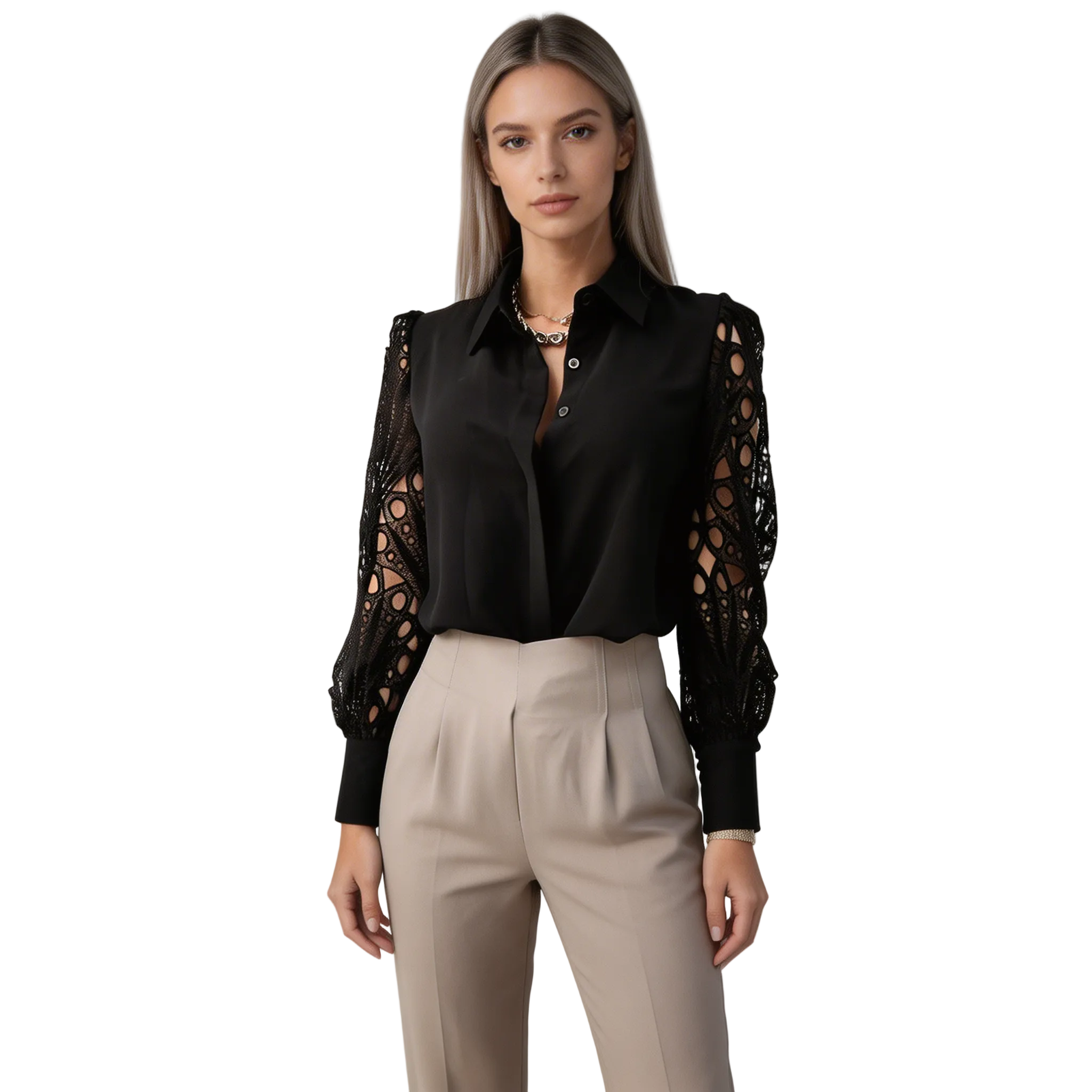 Dam blus med genombrutna ärmar och knäppning fram-Blouse for women-Fjallbarn