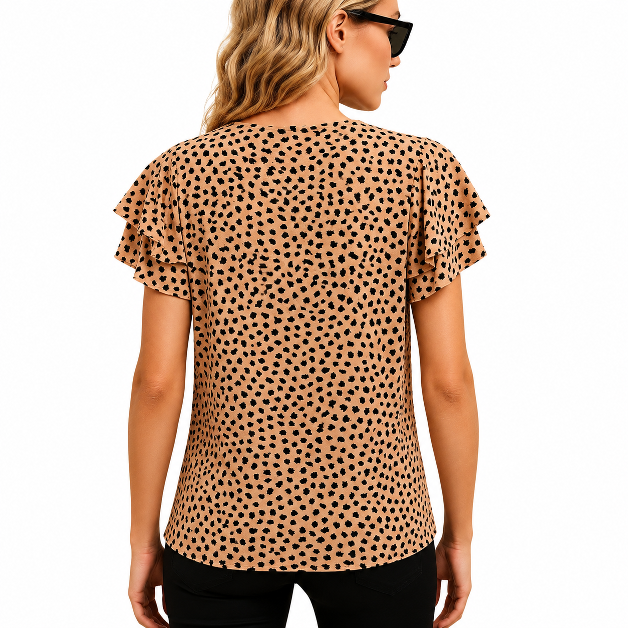 Dam Blus med Prickmönster och Korta Fladderärmar-Blouses for women-Fjallbarn